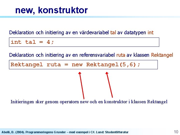 new, konstruktor Deklaration och initiering av en värdevariabel tal av datatypen int tal =