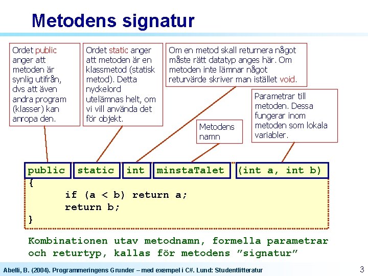 Metodens signatur Ordet public anger att metoden är synlig utifrån, dvs att även andra