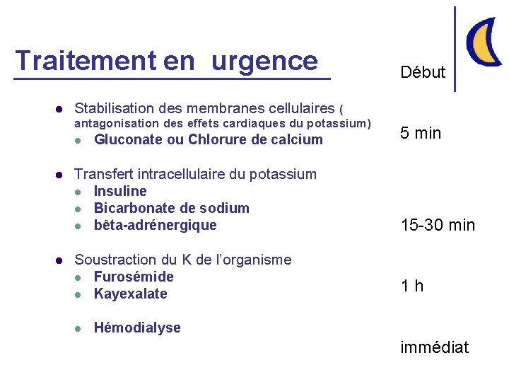 Traitement en urgence l Stabilisation des membranes cellulaires ( antagonisation des effets cardiaques du