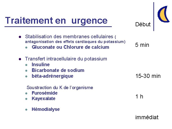 Traitement en urgence l Stabilisation des membranes cellulaires ( antagonisation des effets cardiaques du