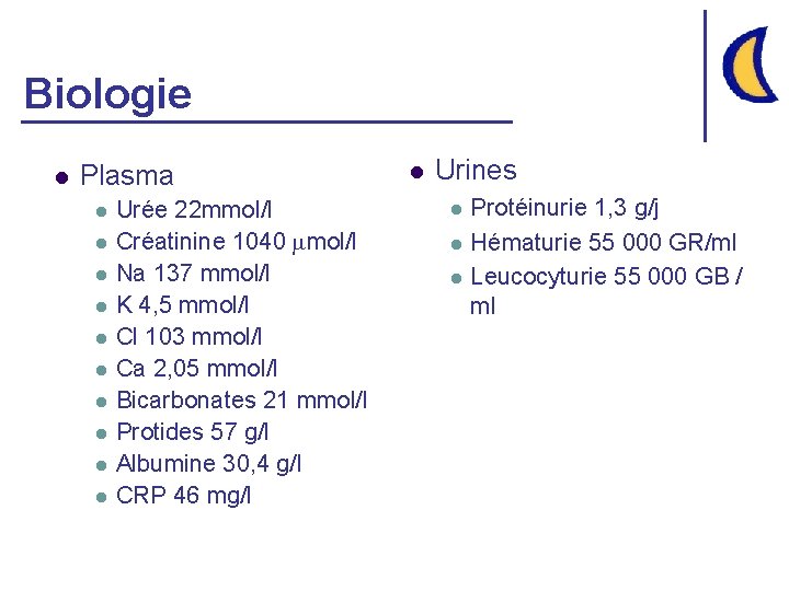 Biologie l Plasma l l l l l Urée 22 mmol/l Créatinine 1040 mol/l