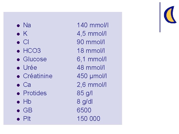 l l l Na K Cl HCO 3 Glucose Urée Créatinine Ca Protides Hb