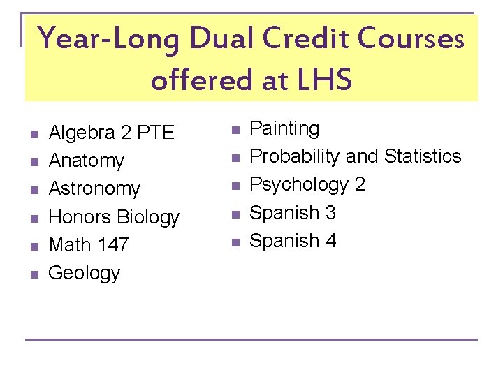 Year-Long Dual Credit Courses offered at LHS n n n Algebra 2 PTE Anatomy