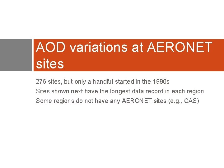 AOD variations at AERONET sites 276 sites, but only a handful started in the