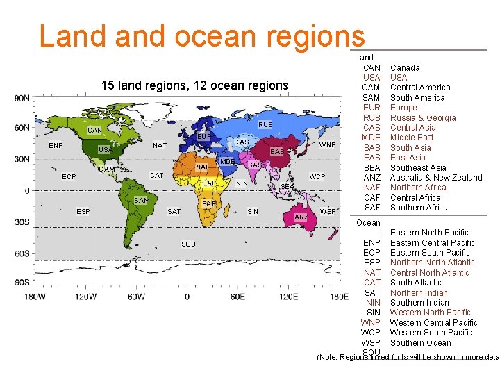 Land ocean regions 15 land regions, 12 ocean regions RUS CAN ENP EUR NAT