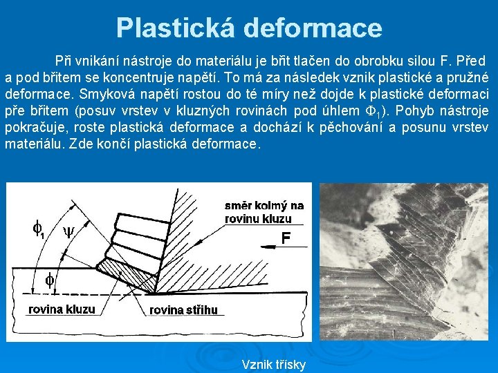 Plastická deformace Při vnikání nástroje do materiálu je břit tlačen do obrobku silou F.