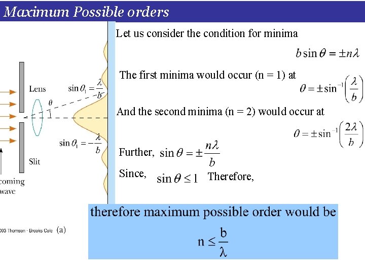 Maximum Possible orders Let us consider the condition for minima The first minima would