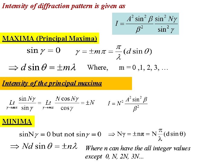 Intensity of diffraction pattern is given as MAXIMA (Principal Maxima) Where, m = 0