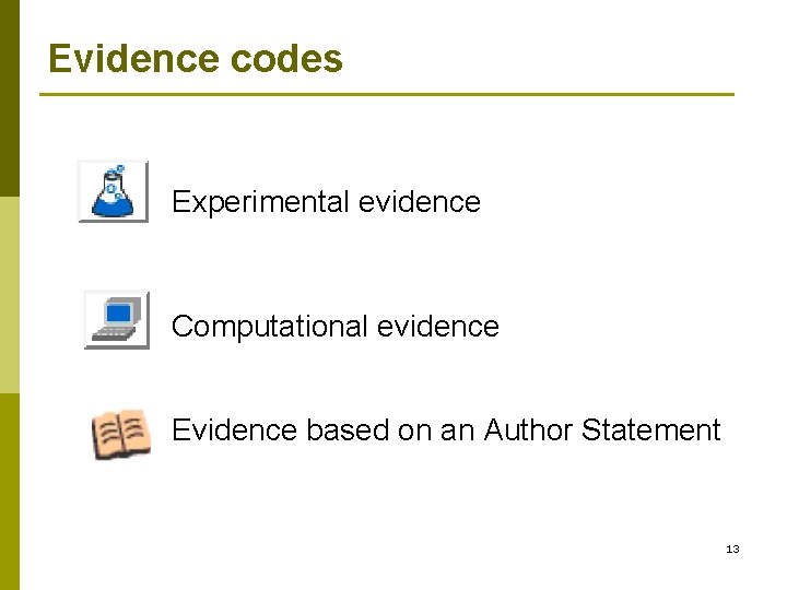 Evidence codes Experimental evidence Computational evidence Evidence based on an Author Statement 13 