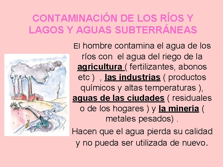 CONTAMINACIÓN DE LOS RÍOS Y LAGOS Y AGUAS SUBTERRÁNEAS El hombre contamina el agua