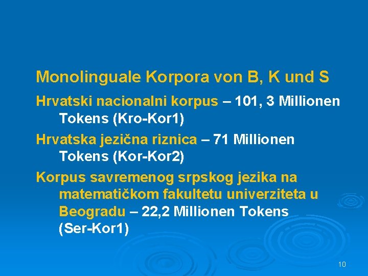 Monolinguale Korpora von B, K und S Hrvatski nacionalni korpus – 101, 3 Millionen