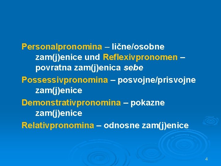 Personalpronomina – lične/osobne zam(j)enice und Reflexivpronomen – povratna zam(j)enica sebe Possessivpronomina – posvojne/prisvojne zam(j)enice