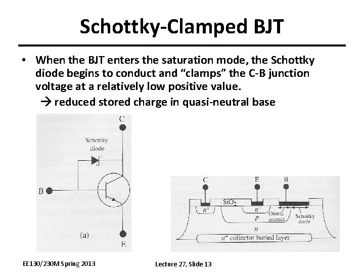 Schottky-Clamped BJT • When the BJT enters the saturation mode, the Schottky diode begins