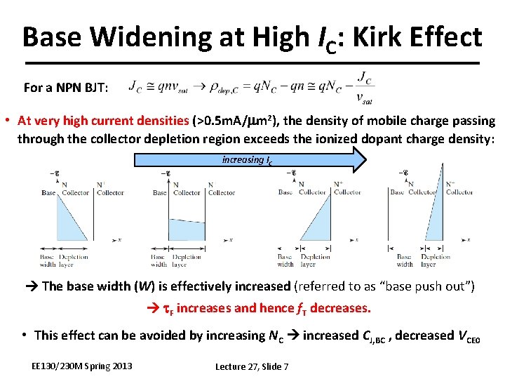 Base Widening at High IC: Kirk Effect For a NPN BJT: • At very