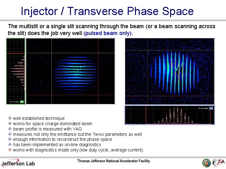 Injector / Transverse Phase Space The multislit or a single slit scanning through the