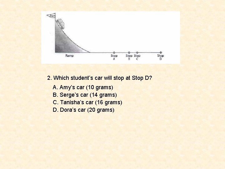 2. Which student’s car will stop at Stop D? A. Amy’s car (10 grams)
