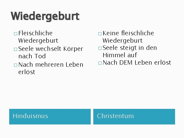 Wiedergeburt � Fleischliche � Keine Hinduismus Christentum Wiedergeburt � Seele wechselt Körper nach Tod