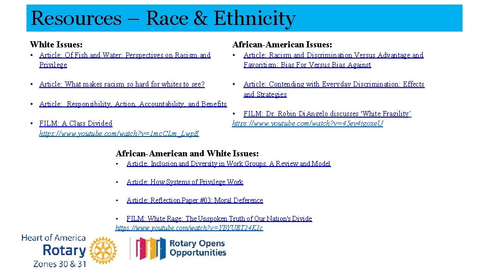 Resources – Race & Ethnicity White Issues: African-American Issues: • Article: Of Fish and