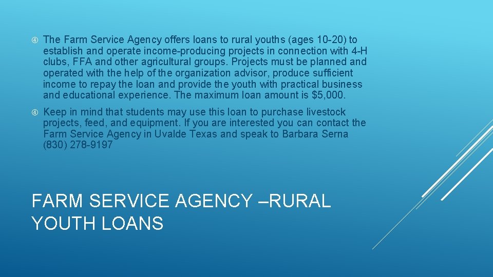  The Farm Service Agency offers loans to rural youths (ages 10 -20) to