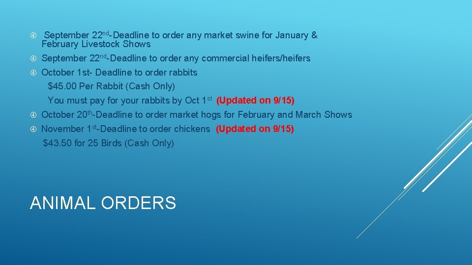  September 22 nd-Deadline to order any market swine for January & February Livestock