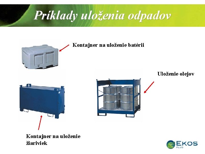 Príklady uloženia odpadov Kontajner na uloženie batérii Uloženie olejov Kontajner na uloženie žiariviek 