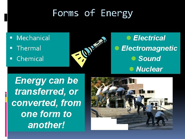Forms of Energy Mechanical Thermal Chemical Energy can be transferred, or converted, from one