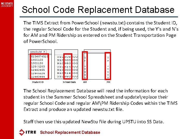 School Code Replacement Database The TIMS Extract from Power. School (newstu. txt) contains the