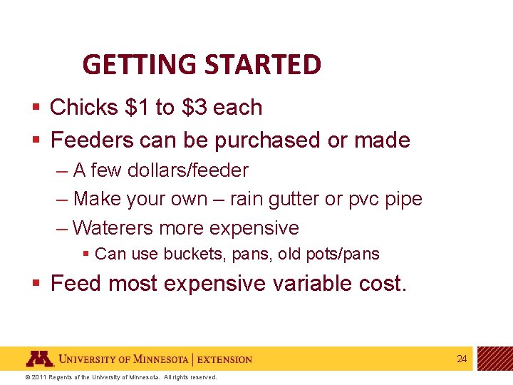 GETTING STARTED § Chicks $1 to $3 each § Feeders can be purchased or