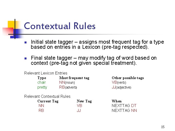 Contextual Rules n n Initial state tagger – assigns most frequent tag for a