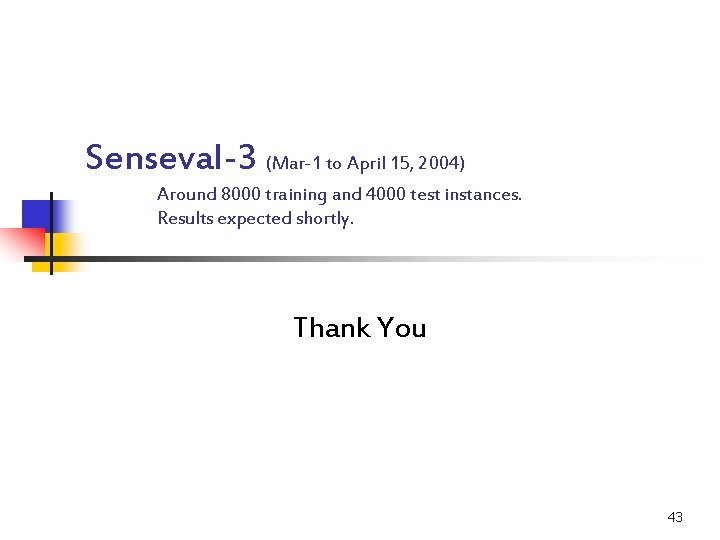 Senseval-3 (Mar-1 to April 15, 2004) Around 8000 training and 4000 test instances. Results