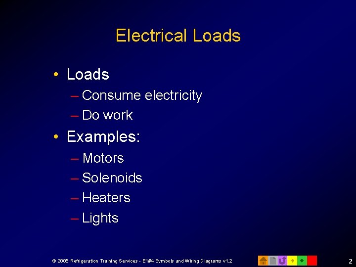 Electrical Loads • Loads – Consume electricity – Do work • Examples: – Motors