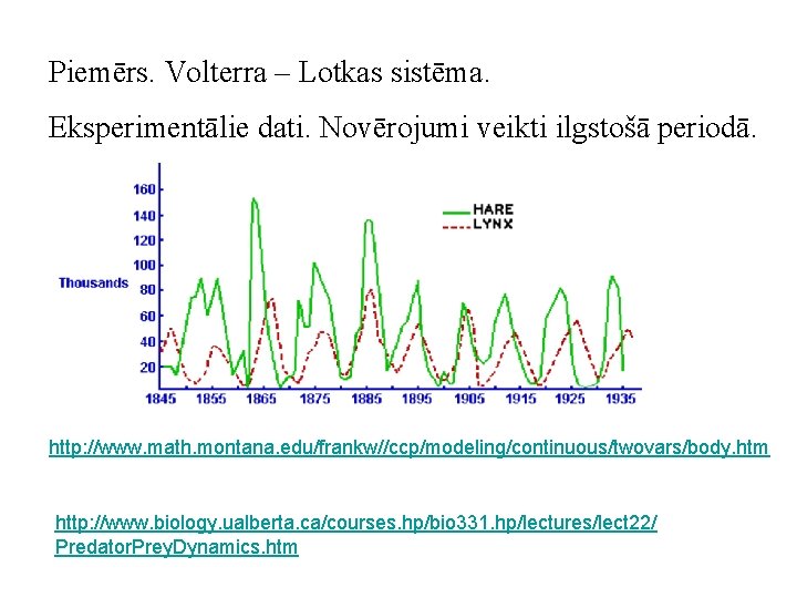 Piemērs. Volterra – Lotkas sistēma. Eksperimentālie dati. Novērojumi veikti ilgstošā periodā. http: //www. math.