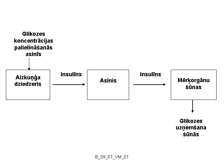 Glikozes koncentrācijas palielināšanās asinīs Aizkuņģa dziedzeris Insulīns Asinis Insulīns Mērķorgānu šūnas Glikozes uzņemšana šūnās