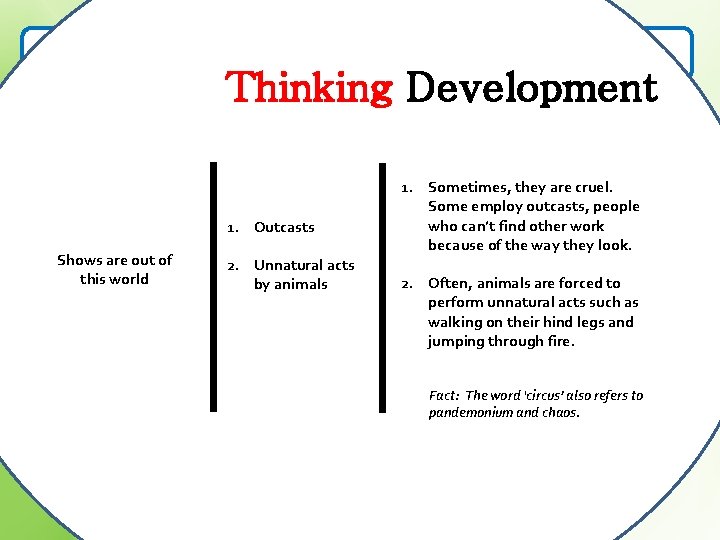 Learning about the circus Thinking Development 4. Shows are out of this world -Outcasts