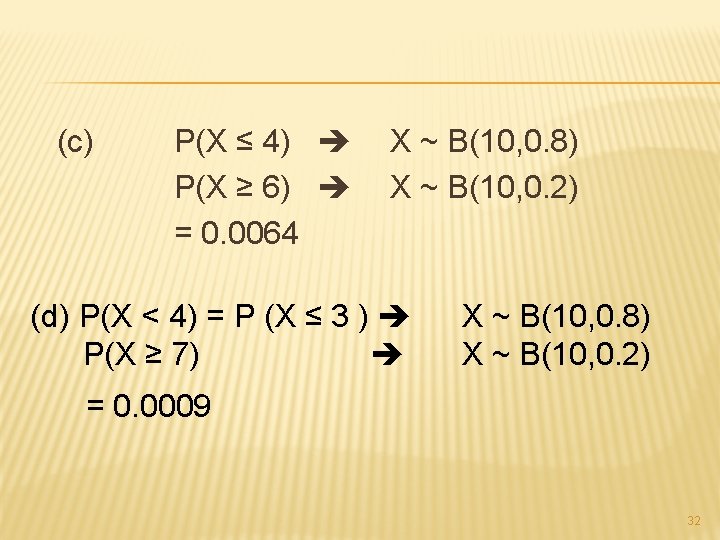 (c) P(X ≤ 4) P(X ≥ 6) = 0. 0064 X ~ B(10, 0.