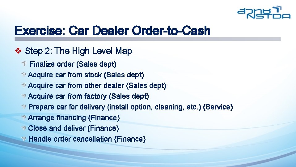 Exercise: Car Dealer Order-to-Cash v Step 2: The High Level Map Finalize order (Sales