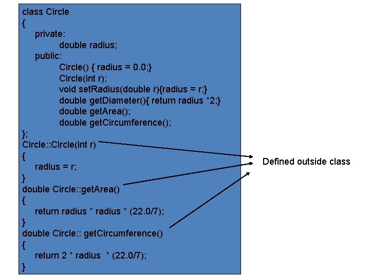 class Circle { private: double radius; public: Circle() { radius = 0. 0; } class Circle { private: double radius; public: Circle() { radius = 0. 0; }