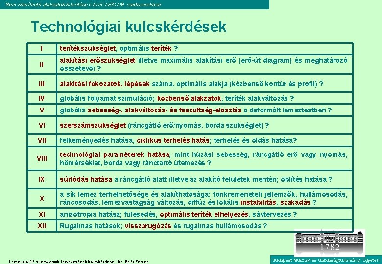 Nem kiteríthető alakzatok kiterítése CAD/CAE/CAM rendszerekben Technológiai kulcskérdések I terítékszükséglet, optimális teríték ? II