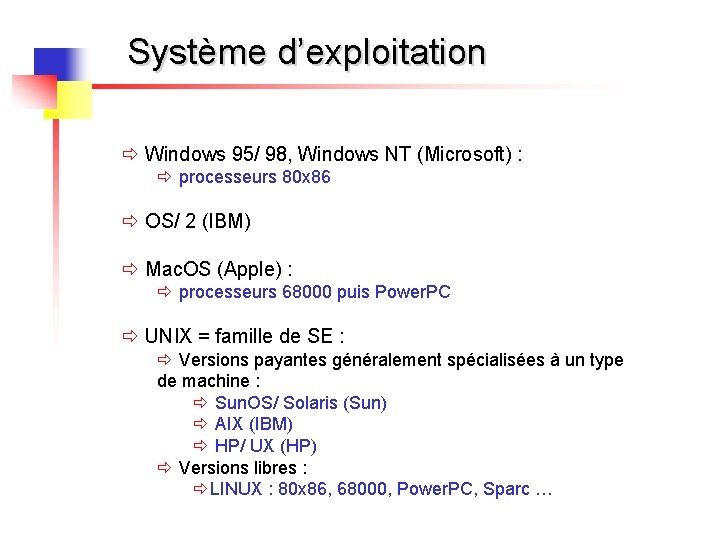 Système d’exploitation ð Windows 95/ 98, Windows NT (Microsoft) : ð processeurs 80 x