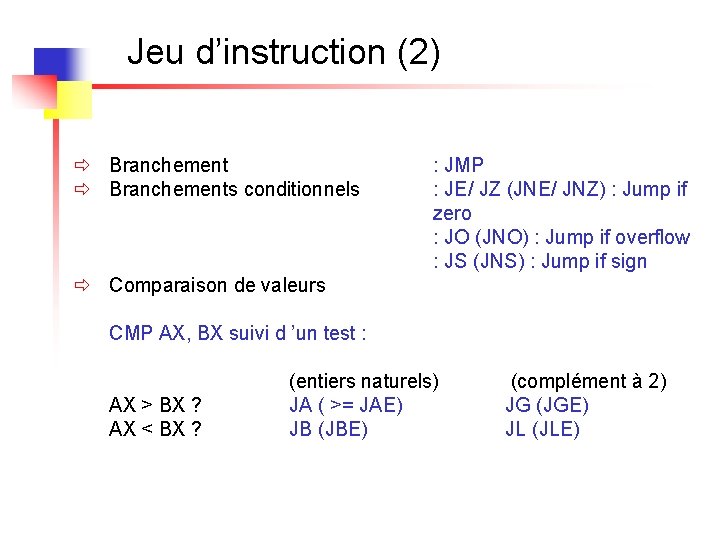 Jeu d’instruction (2) ð Branchements conditionnels : JMP : JE/ JZ (JNE/ JNZ) :