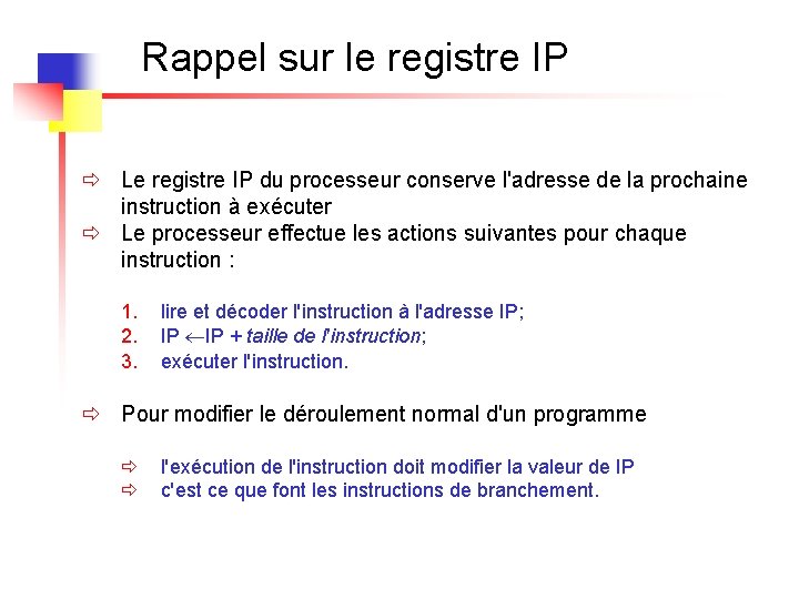 Rappel sur le registre IP ð Le registre IP du processeur conserve l'adresse de