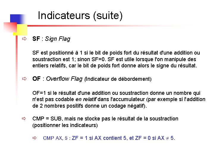 Indicateurs (suite) ð SF : Sign Flag SF est positionné à 1 si le