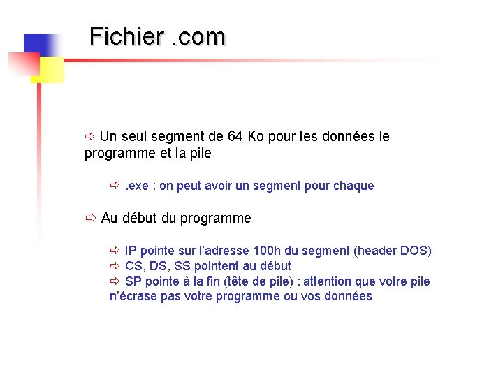 Fichier. com ð Un seul segment de 64 Ko pour les données le programme