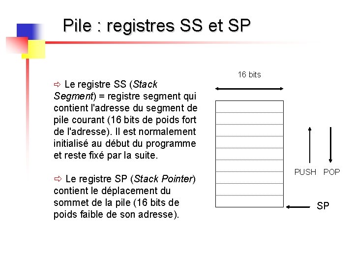 Pile : registres SS et SP ð Le registre SS (Stack 16 bits Segment)