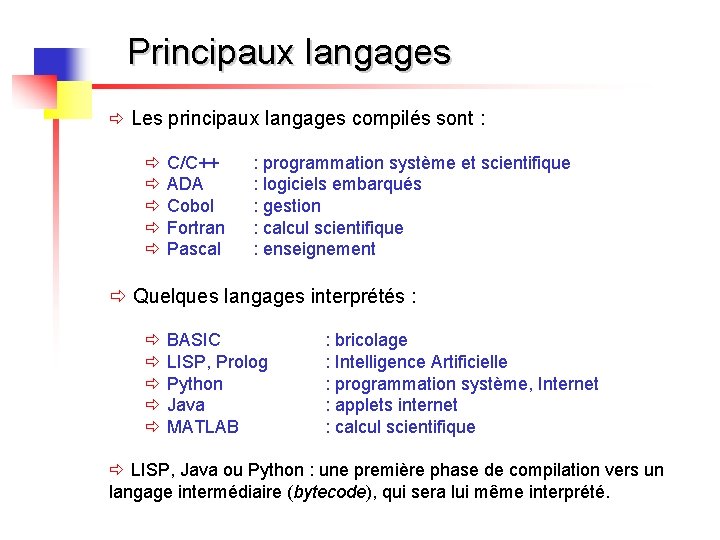 Principaux langages ð Les principaux langages compilés sont : ð C/C++ ð ADA ð