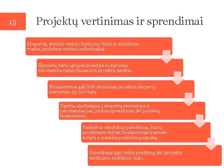 15 Projektų vertinimas ir sprendimai Ekspertai, atrinkti viešojo konkurso būdu ir atsitiktine tvarka, projektus