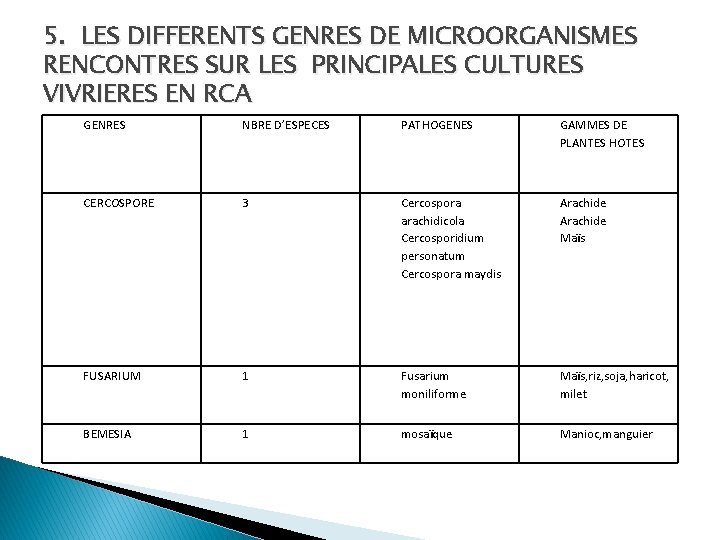 5. LES DIFFERENTS GENRES DE MICROORGANISMES RENCONTRES SUR LES PRINCIPALES CULTURES VIVRIERES EN RCA