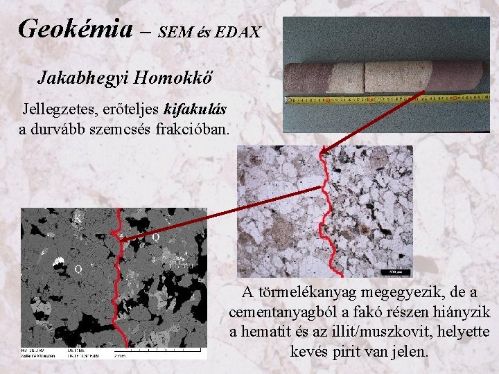 Geokémia – SEM és EDAX Jakabhegyi Homokkő Jellegzetes, erőteljes kifakulás a durvább szemcsés frakcióban.