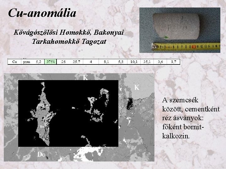 Cu-anomália Kővágószőlősi Homokkő, Bakonyai Tarkahomokkő Tagozat A szemcsék között, cementként réz ásványok: főként bornitkalkozin.