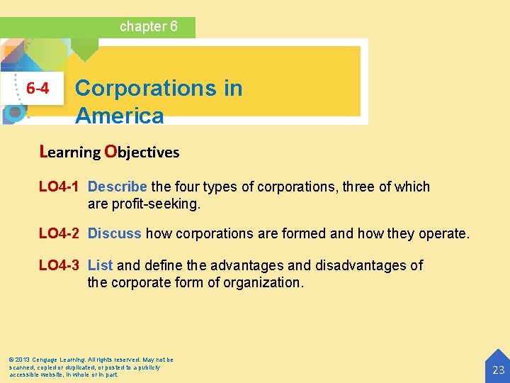 chapter 6 6 -4 Corporations in America Learning Objectives LO 4 -1 Describe the